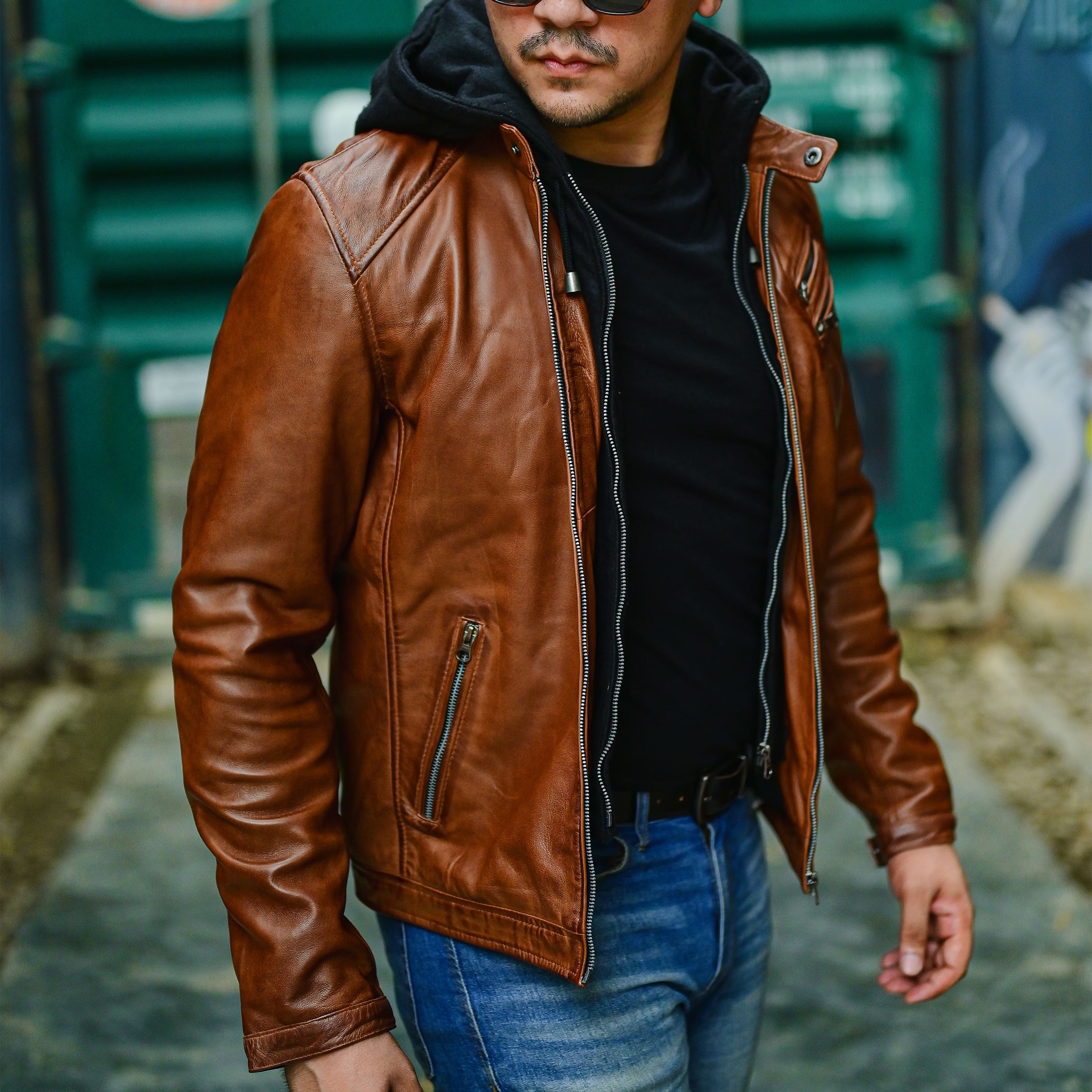 Mens Casual Hooded Vintage Leather Jacket with Removable Hood