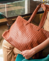 Handmade Woven Original Leather Bag With Zipper-Tan Brown
