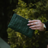 Coffer Mini Handwoven Leather Zipper Clutch-Green