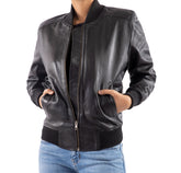Womens Bomber Leather Jacket-Black