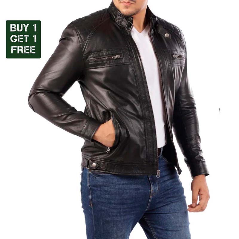 Buy 1 Get 1 Free - Men's Casual Signature Diamond Lambskin Leather Jacket-Black