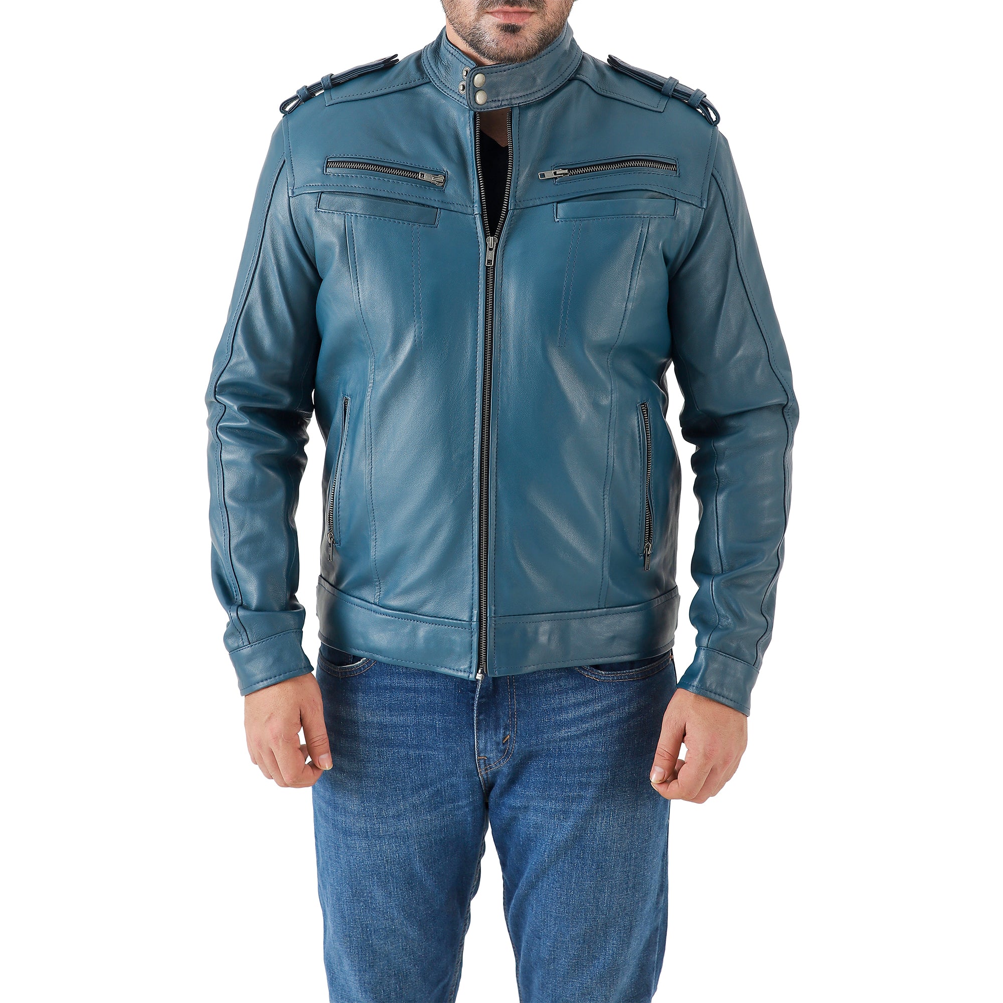 Men’s Leather Biker Jacket – Vintage Shoulder Epaulettes