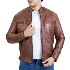 Buy 1 Get 1 Free-Diamond Handwaxed Mens Leather Jacket-Cognac