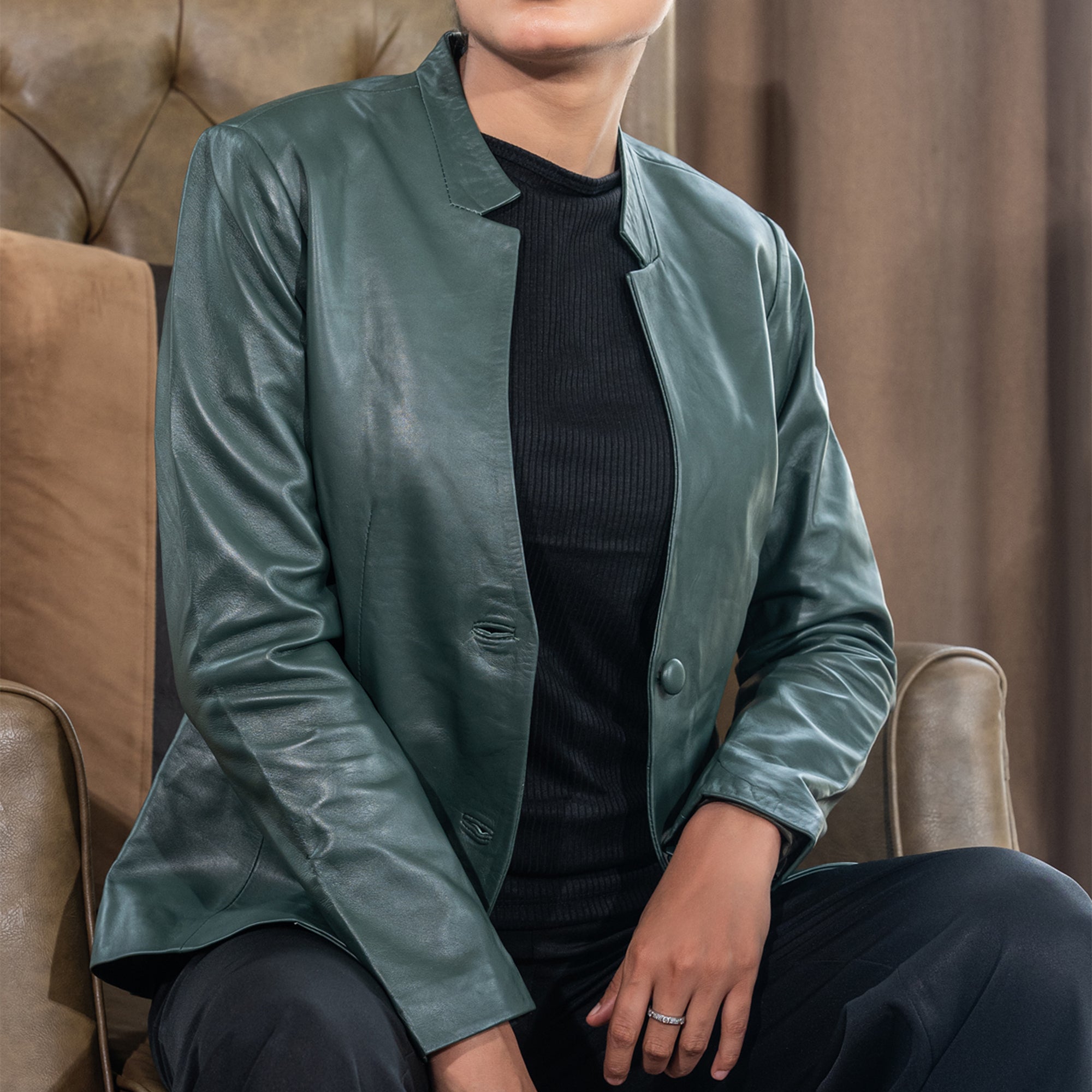 Mandarin Collar Genuine Leather Womens Coat