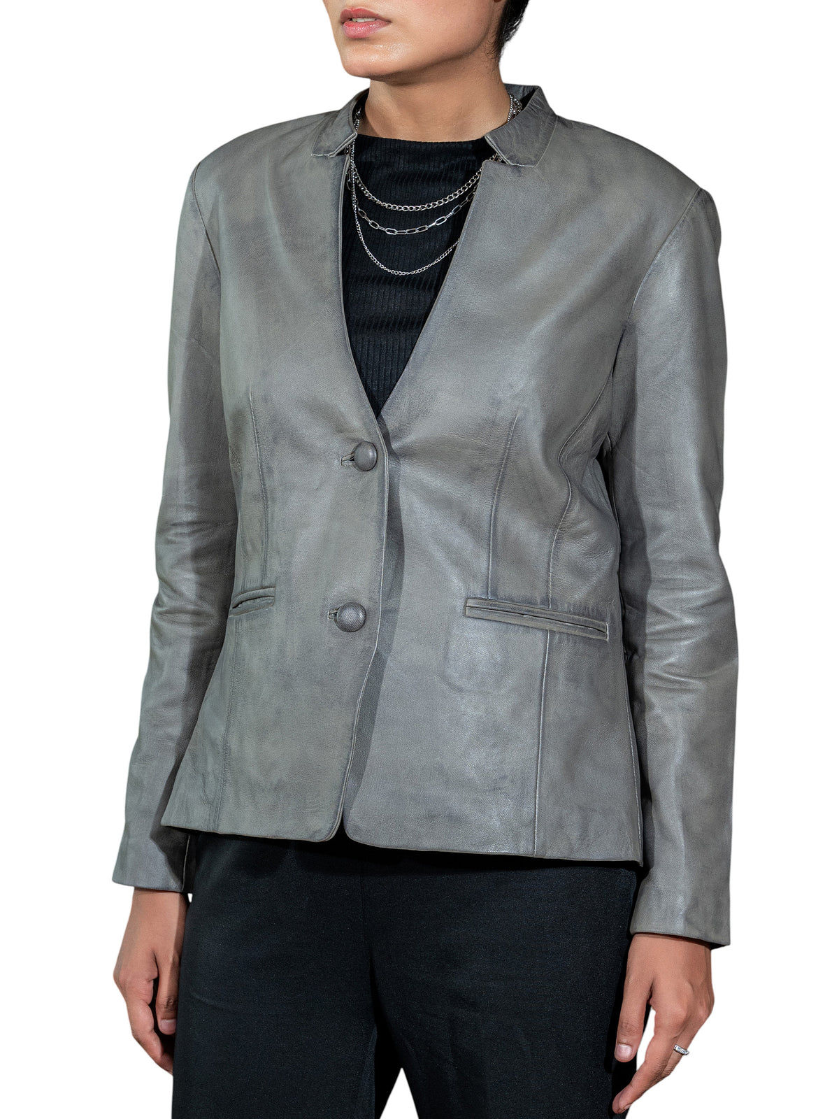 Mandarin Collar Genuine Leather Womens Coat