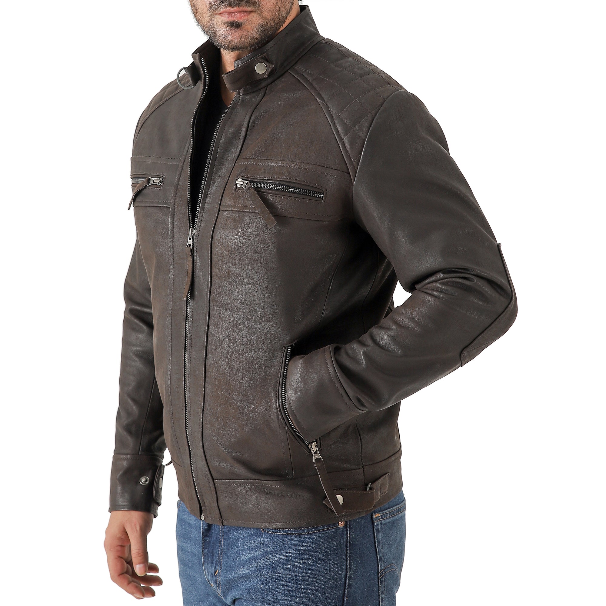 Men’s Vintage Brown Diamond Lambskin Waxed Leather Biker Jacket