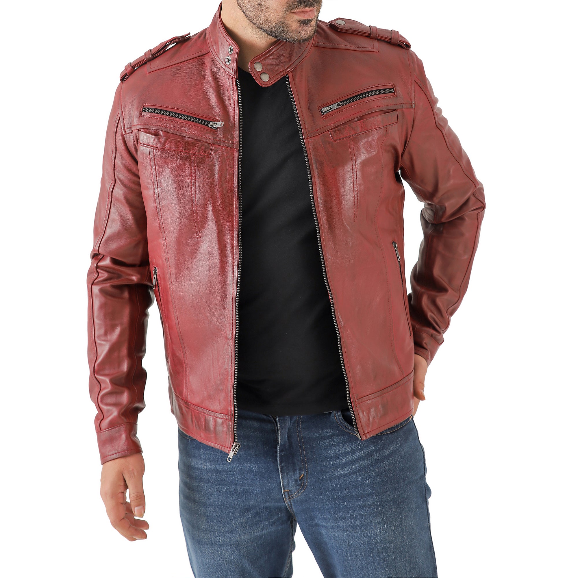 Men’s Leather Biker Jacket – Vintage Shoulder Epaulettes