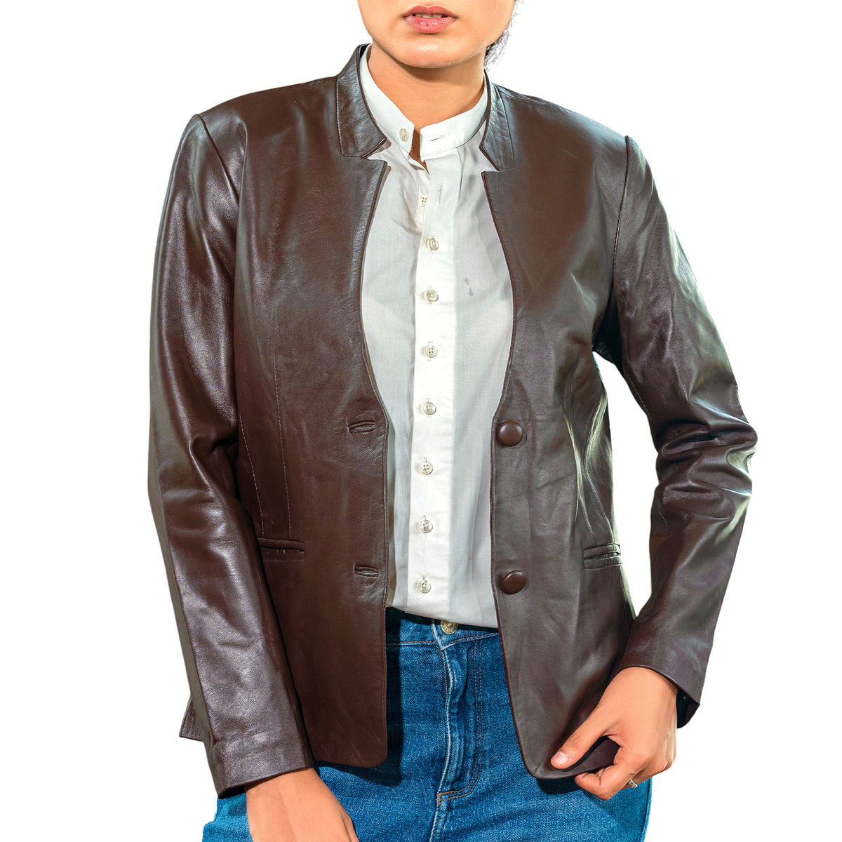 Mandarin Collar Genuine Leather Womens Coat