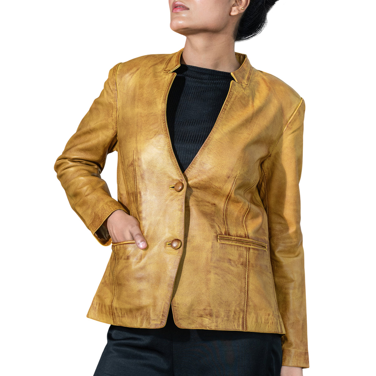 Mandarin Collar Genuine Leather Womens Coat