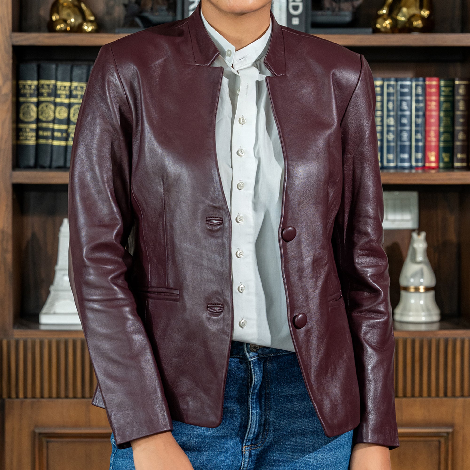 Mandarin Collar Genuine Leather Womens Coat