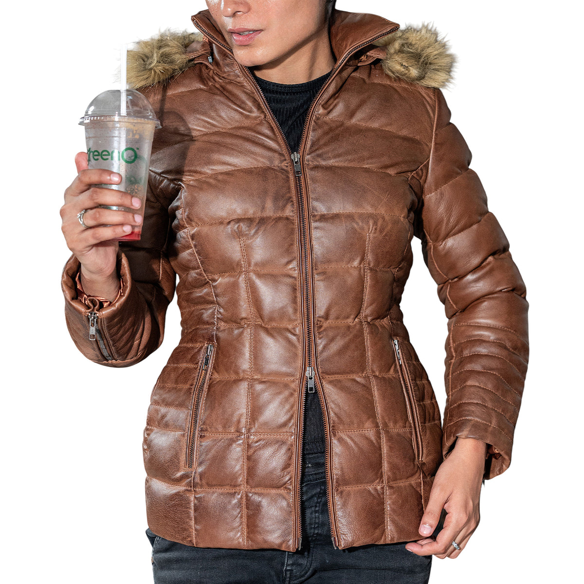 Women's Leather Puffer Jacket