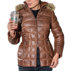 Women's Leather Puffer Jacket