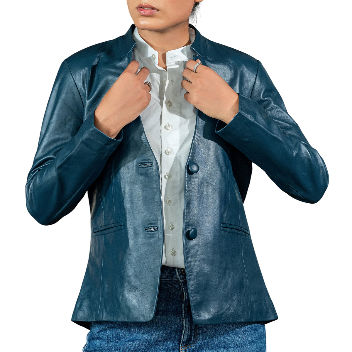 Mandarin Collar Genuine Leather Womens Coat