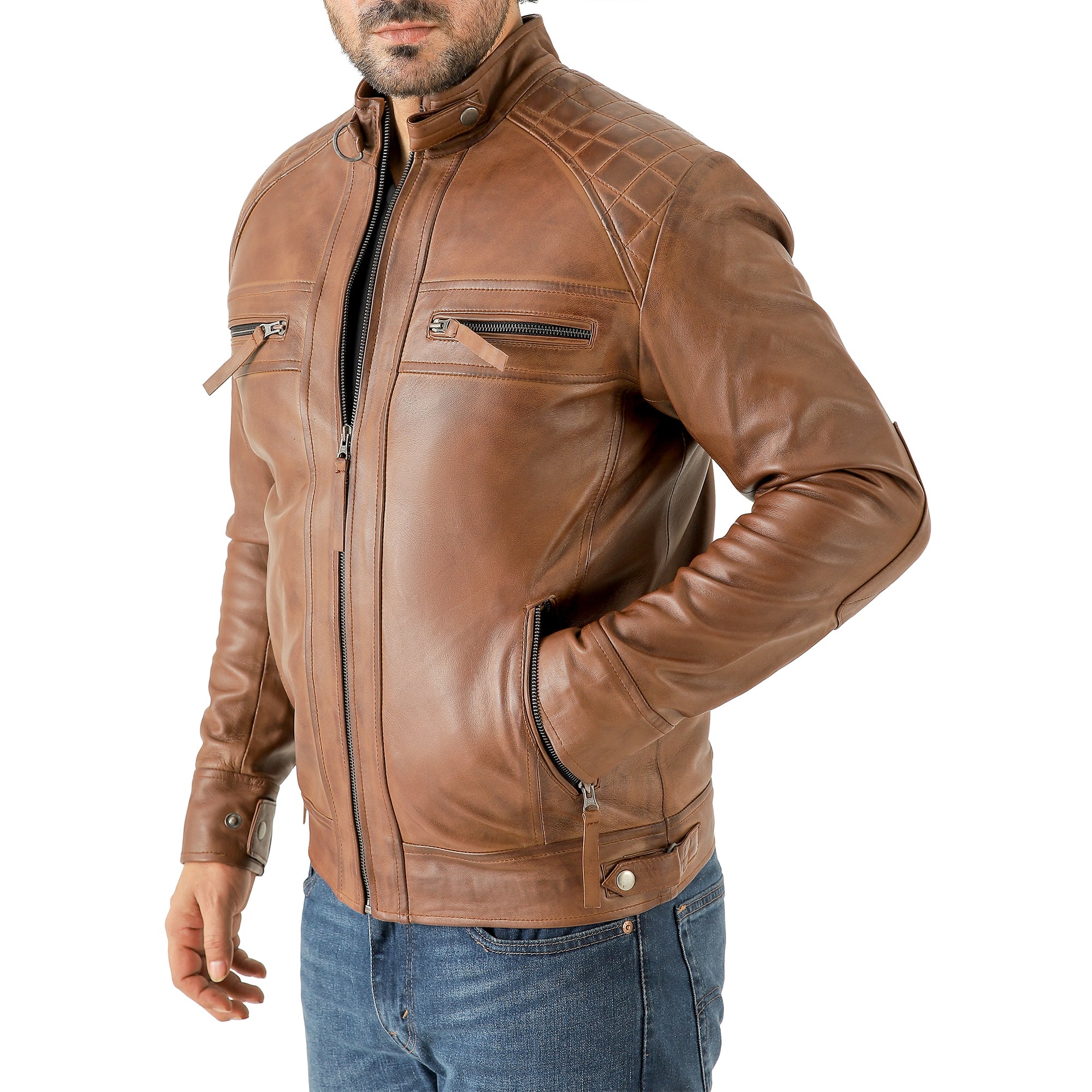Men’s Vintage Brown Diamond Lambskin Waxed Leather Biker Jacket
