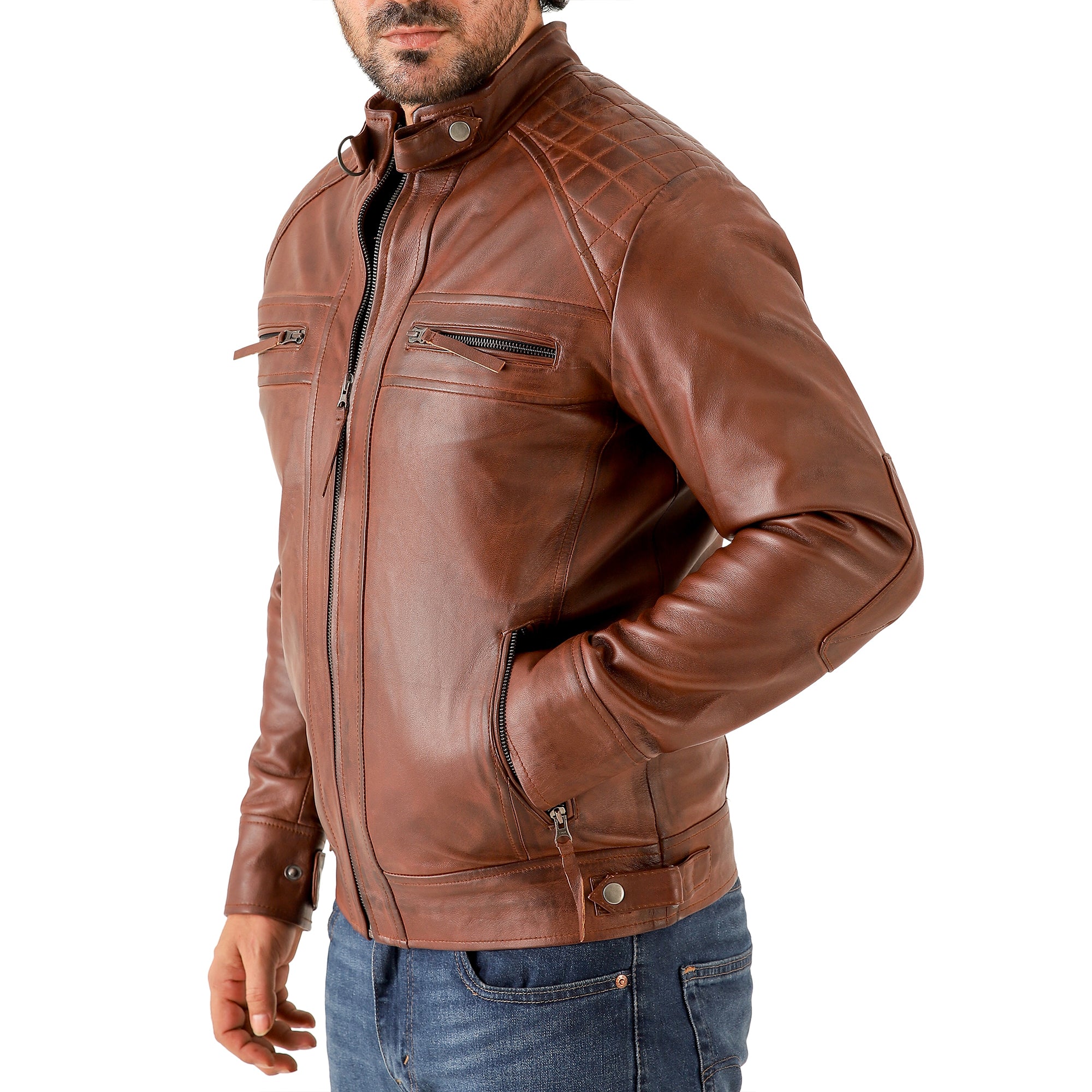 Men’s Vintage Brown Diamond Lambskin Waxed Leather Biker Jacket