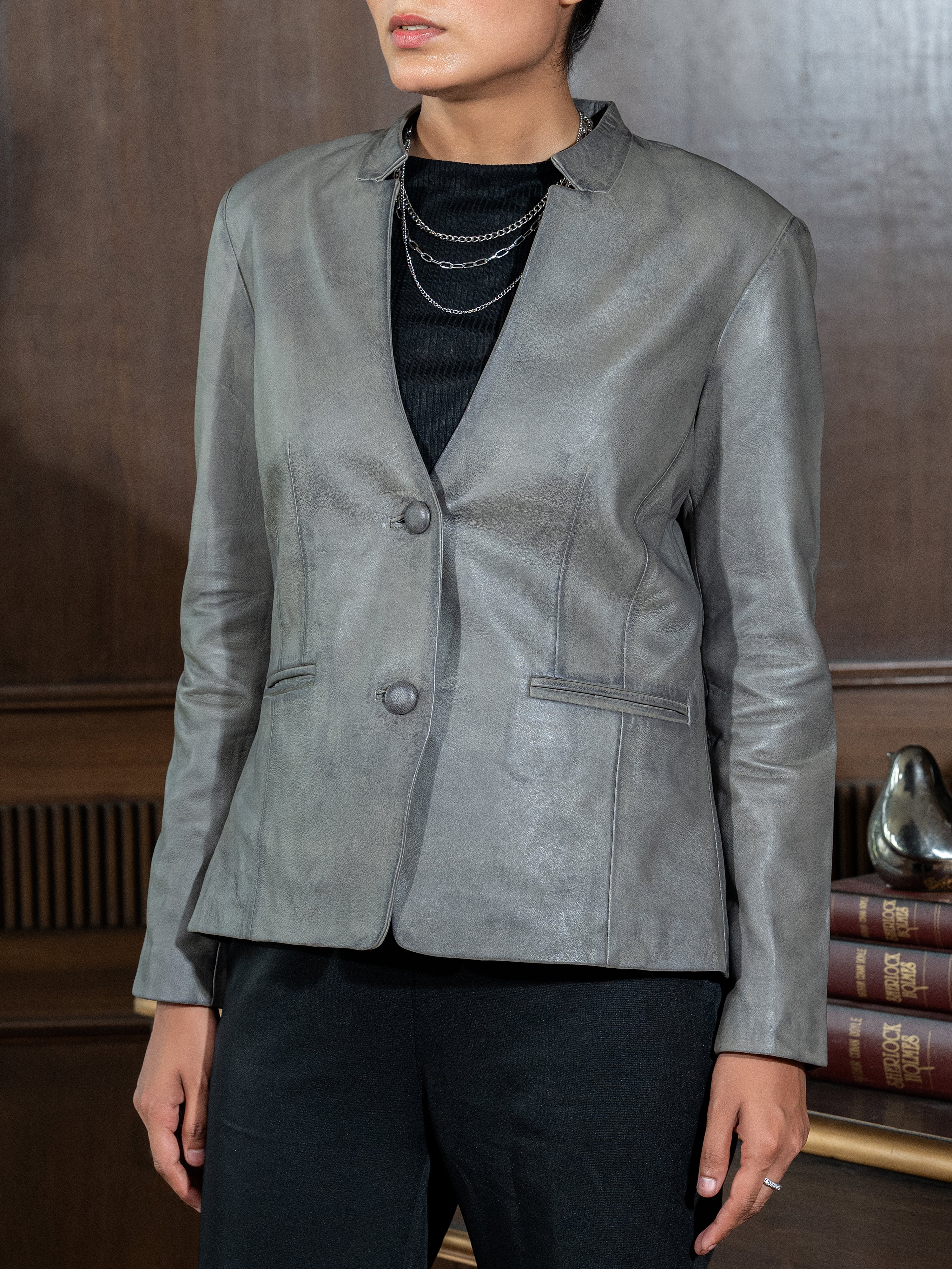 Mandarin Collar Genuine Leather Womens Coat