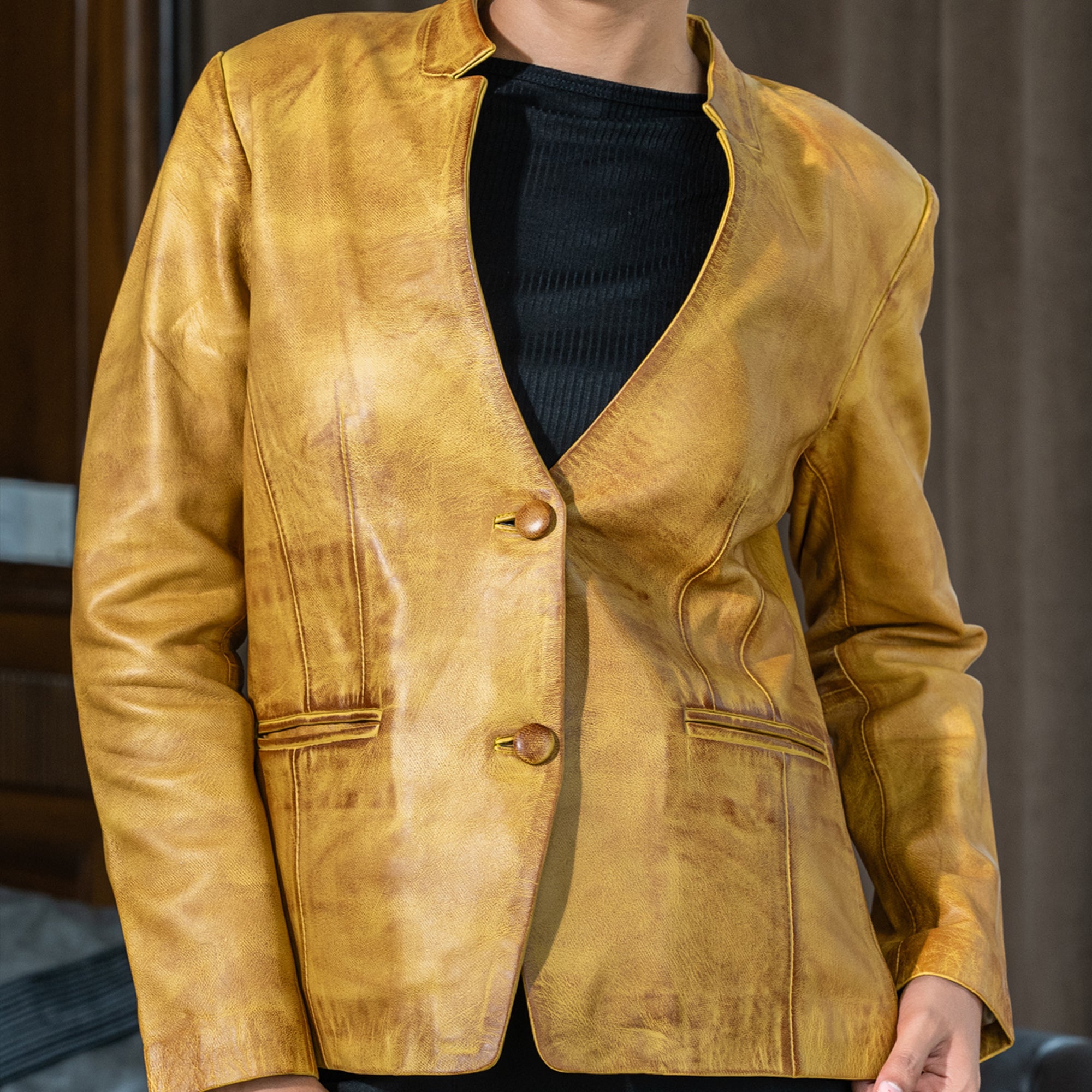 Mandarin Collar Genuine Leather Womens Coat