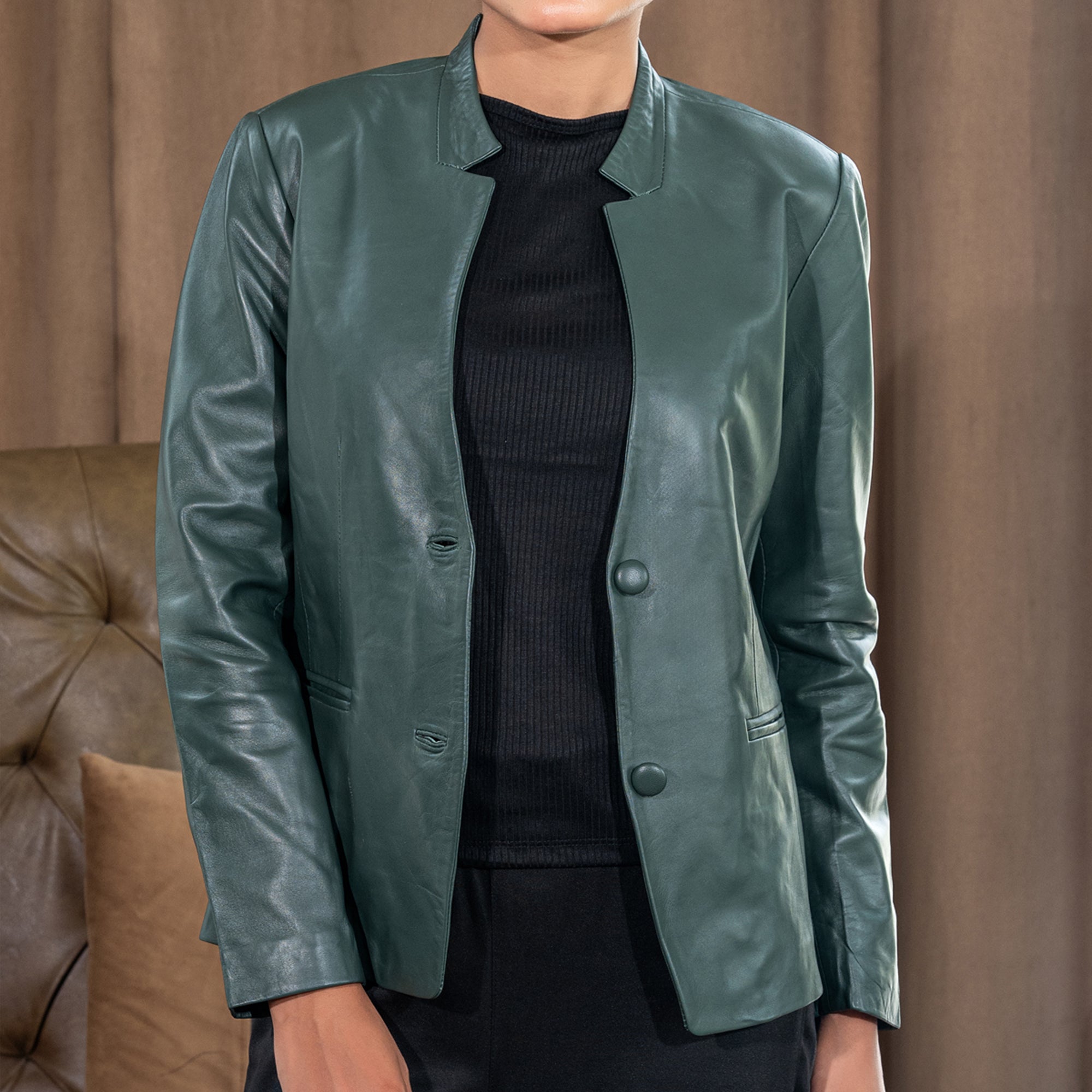 Mandarin Collar Genuine Leather Womens Coat