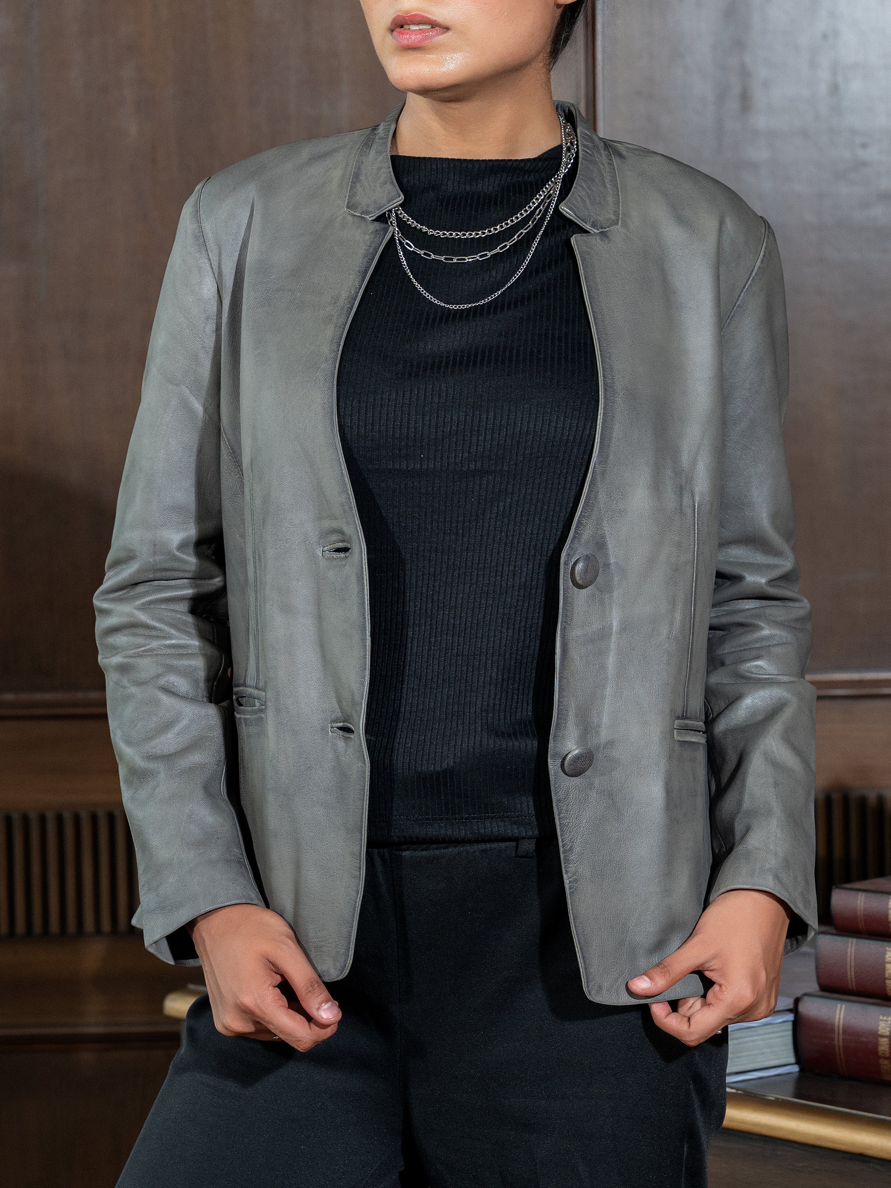 Mandarin Collar Genuine Leather Womens Coat