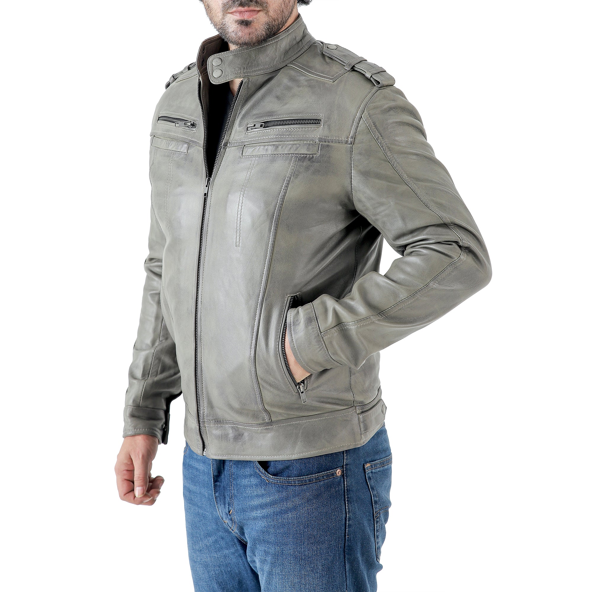 Men’s Leather Biker Jacket – Vintage Shoulder Epaulettes