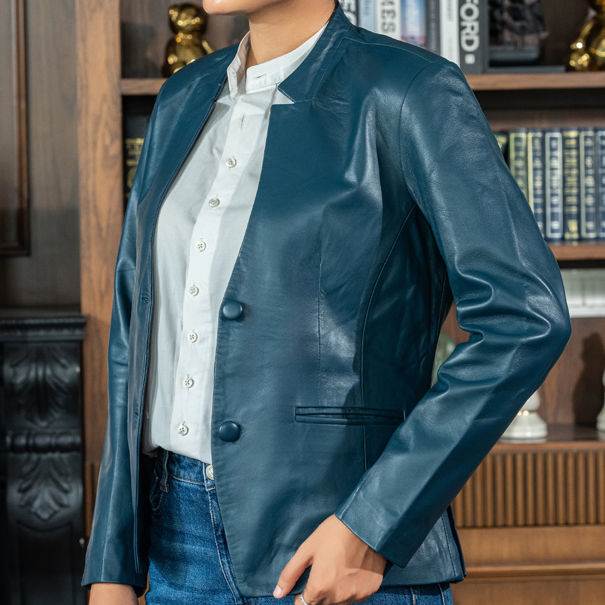 Mandarin Collar Genuine Leather Womens Coat