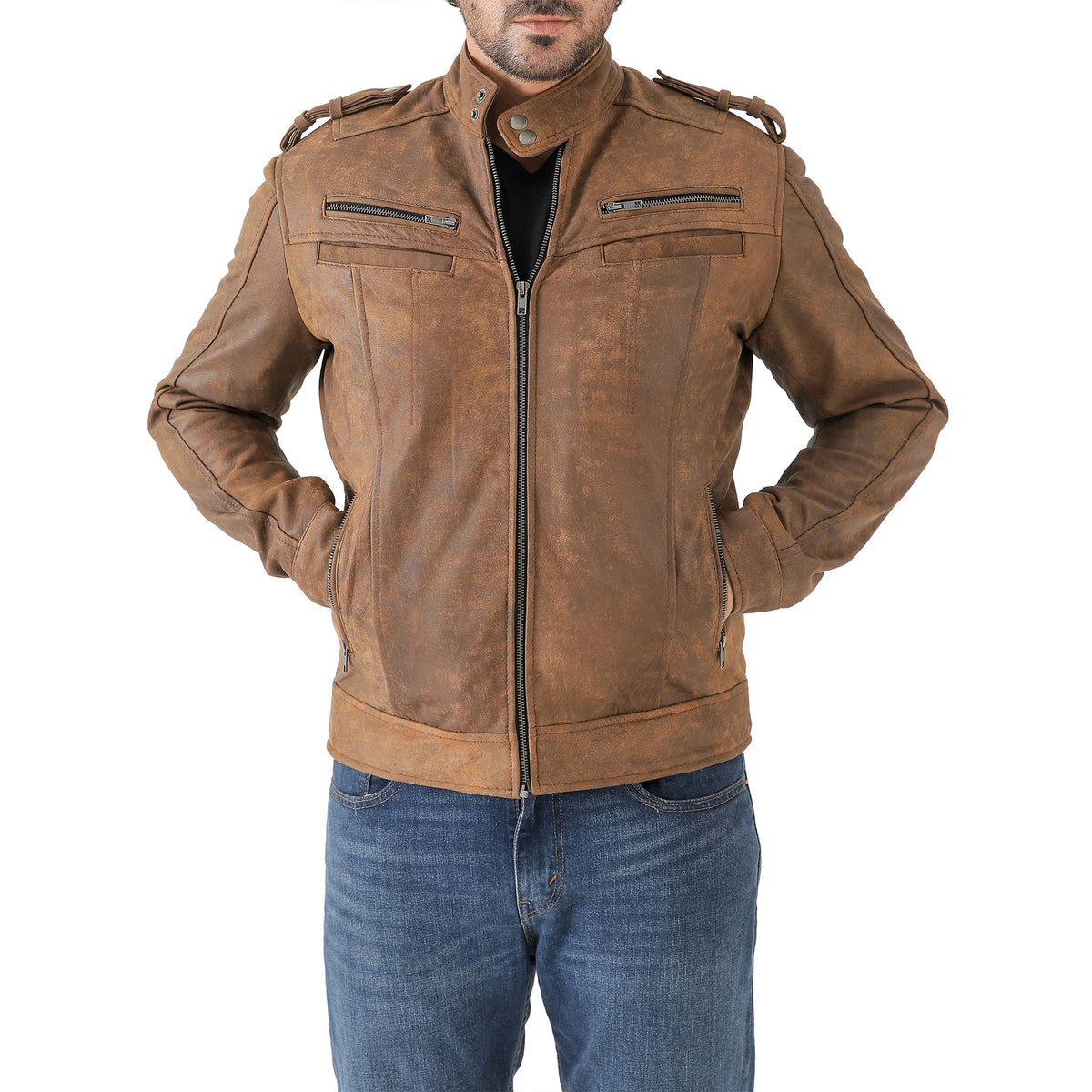 Men’s Leather Biker Jacket – Vintage Shoulder Epaulette