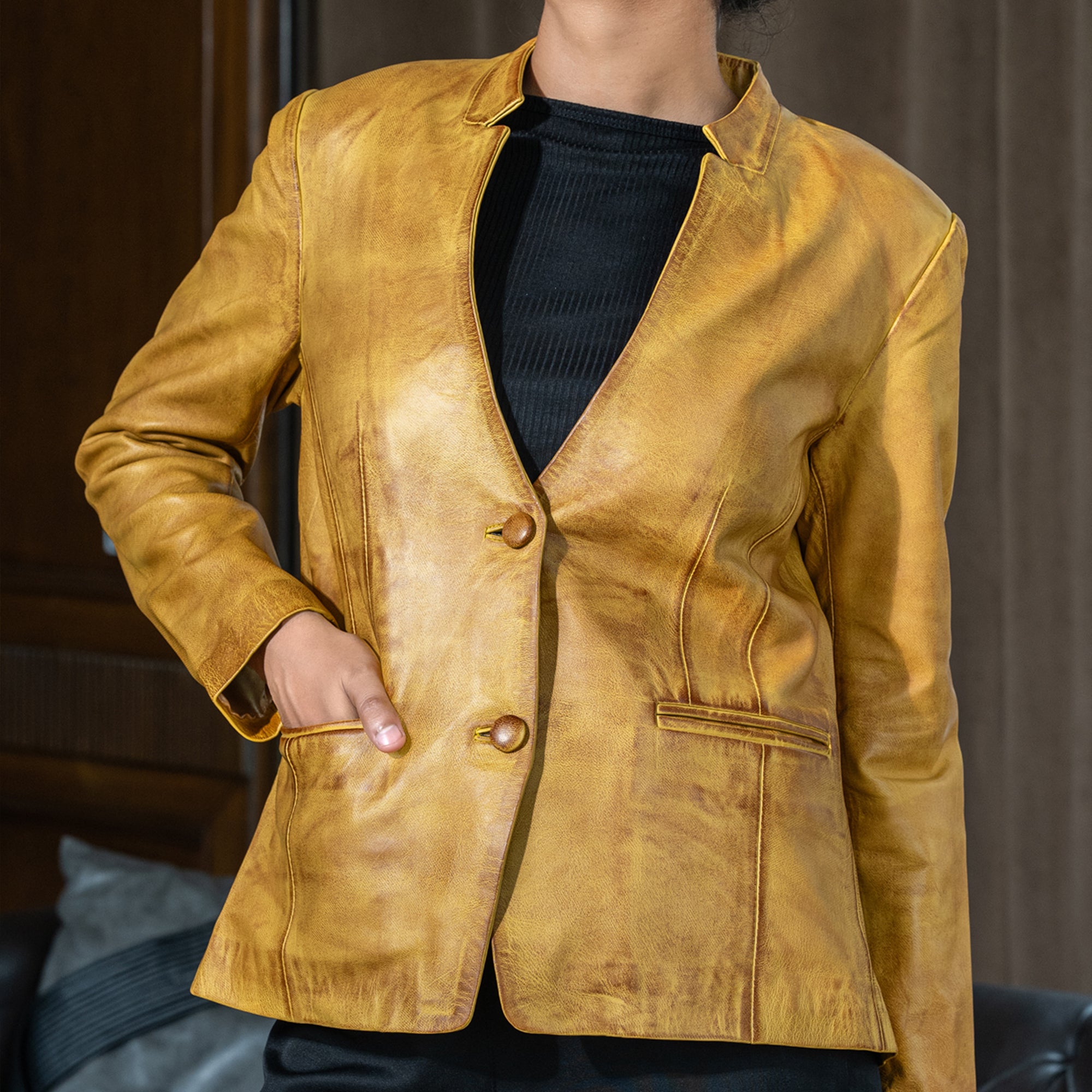 Mandarin Collar Genuine Leather Womens Coat