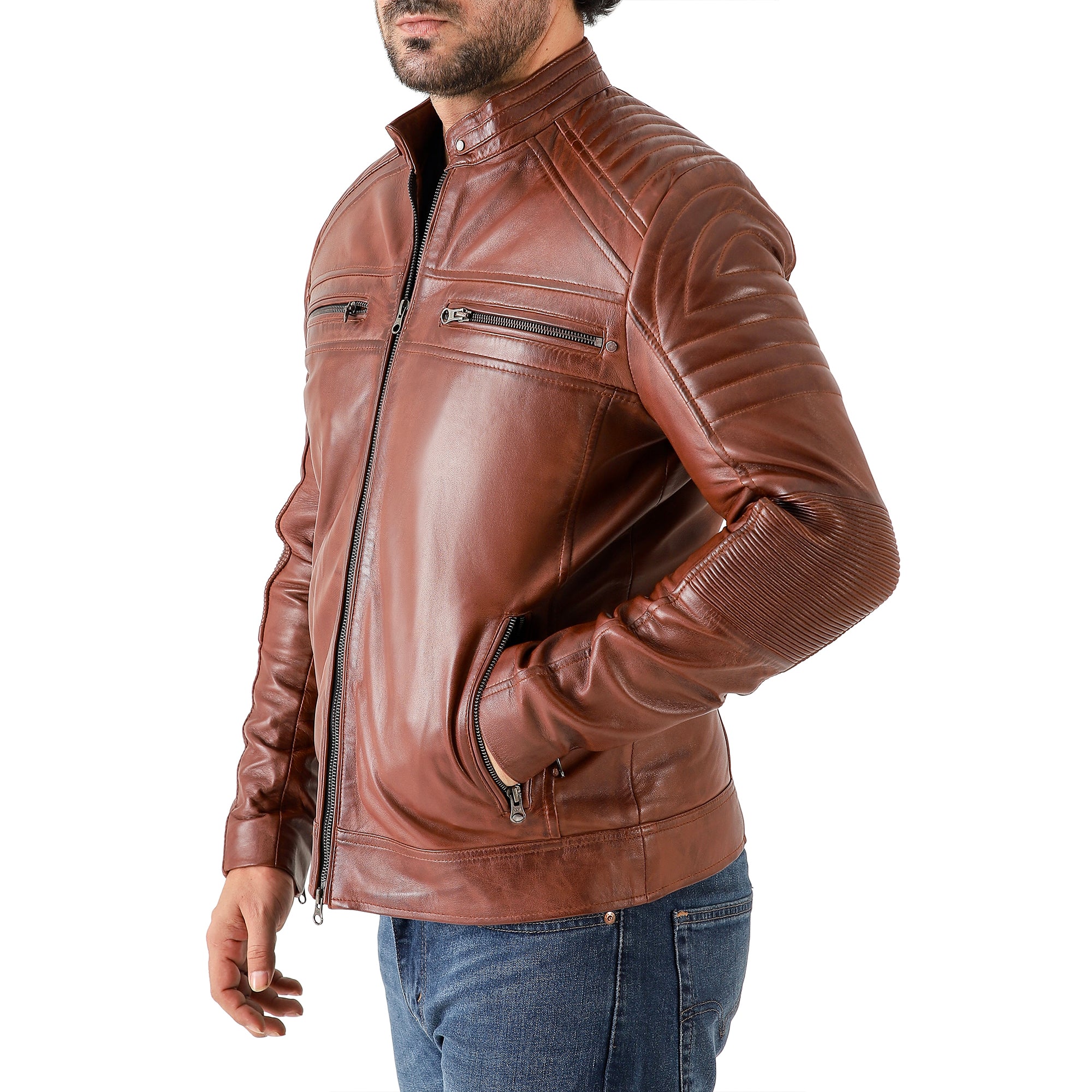 Jild Men's Cafe Racer Biker Leather Jacket