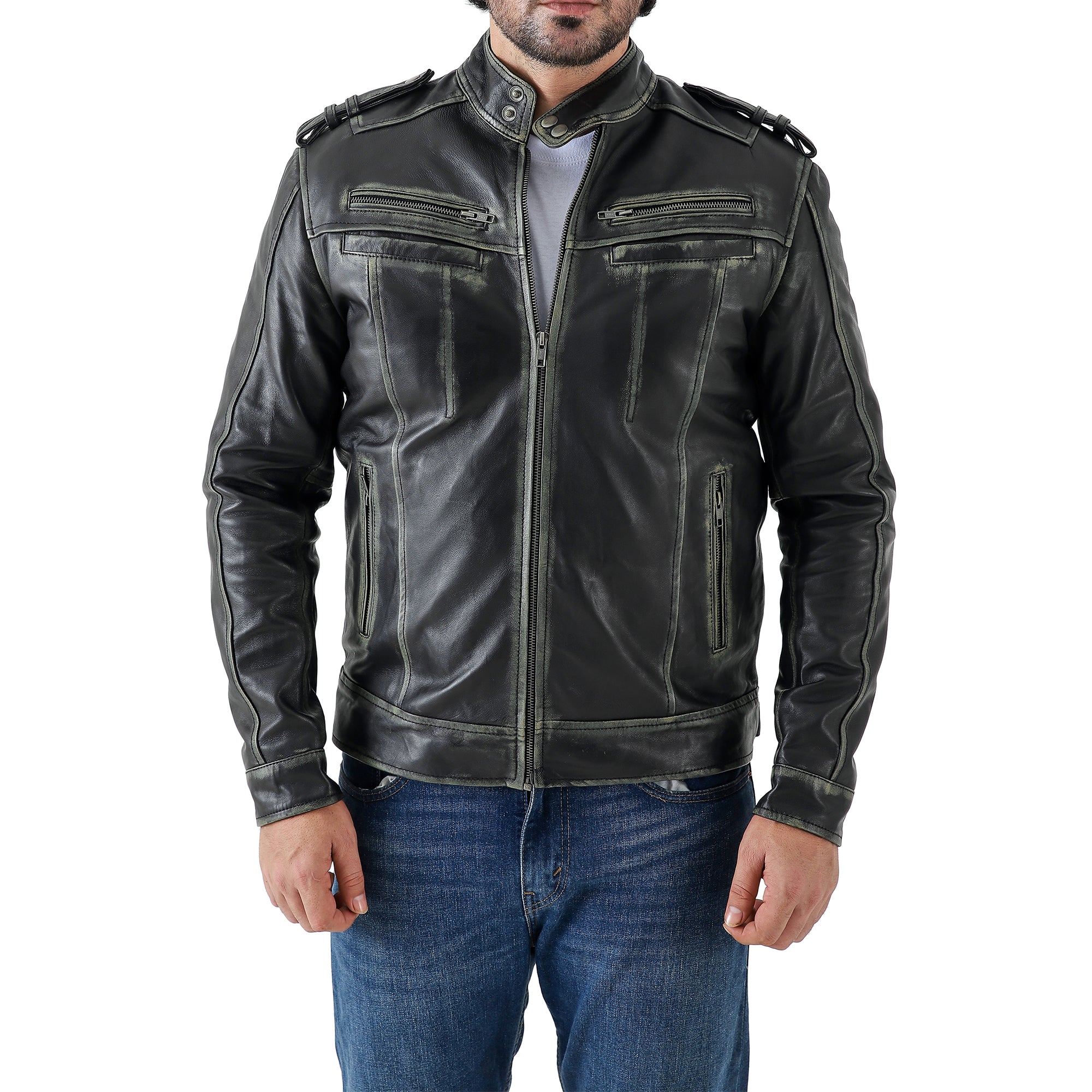 Men’s Leather Biker Jacket – Vintage Shoulder Epaulettes