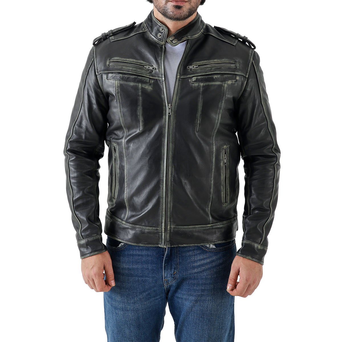 Men’s Leather Biker Jacket – Vintage Shoulder Epaulette