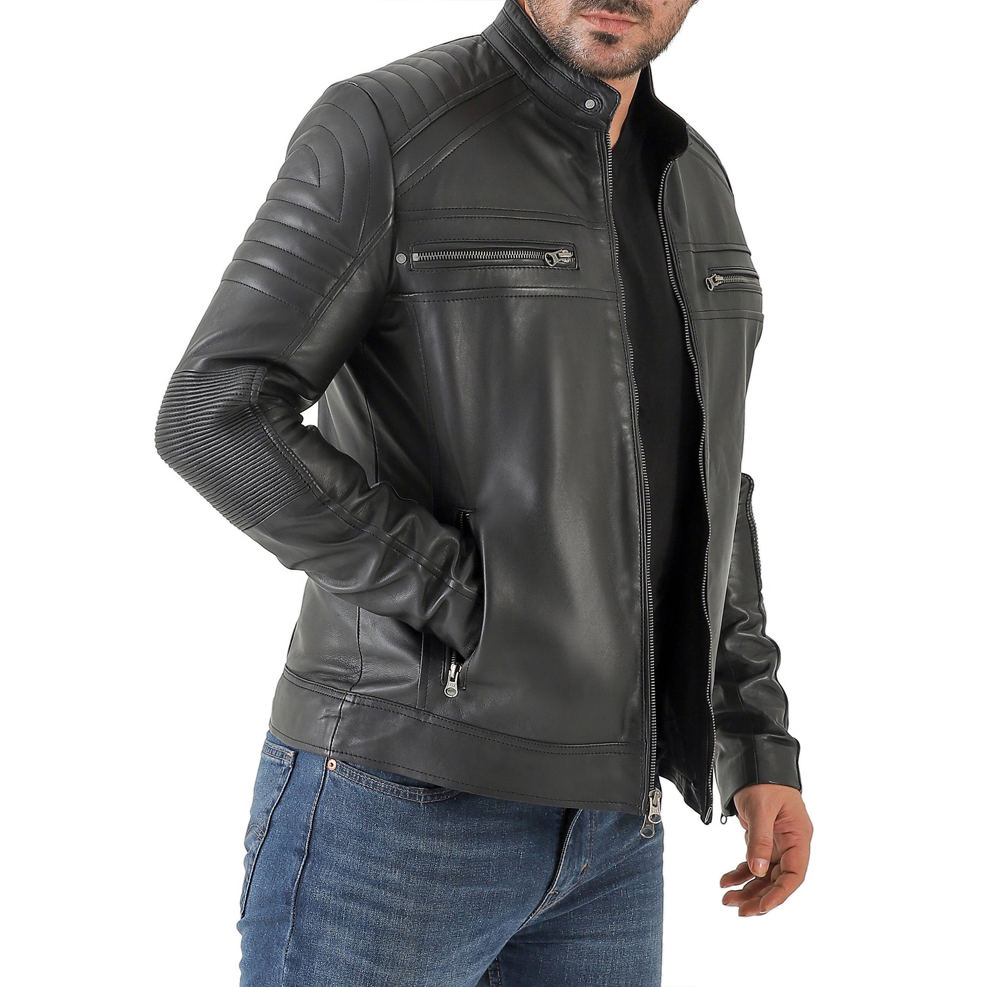 Jild Men's Cafe Racer Biker Leather Jacket