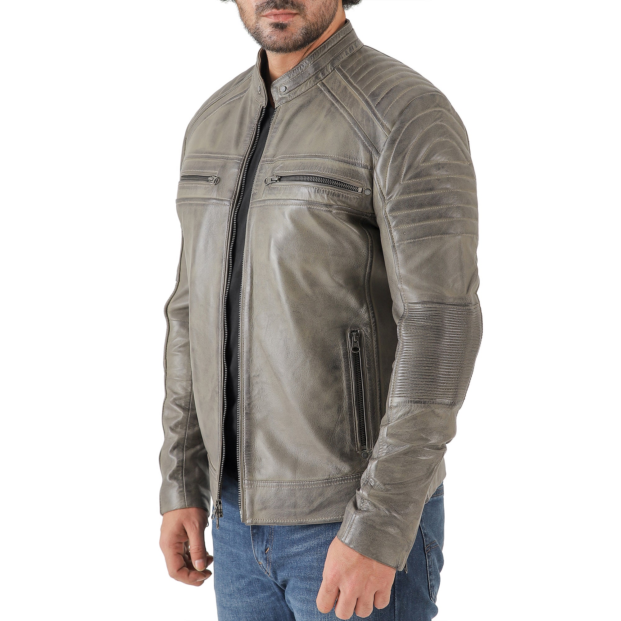 Jild Men's Cafe Racer Biker Leather Jacket