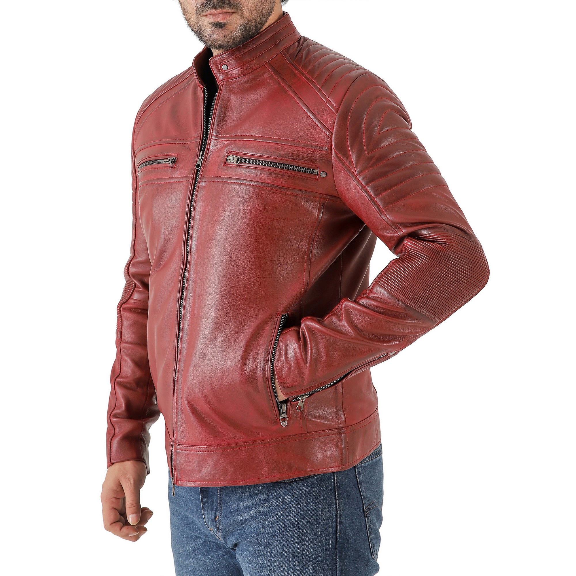Jild Men's Cafe Racer Biker Leather Jacket
