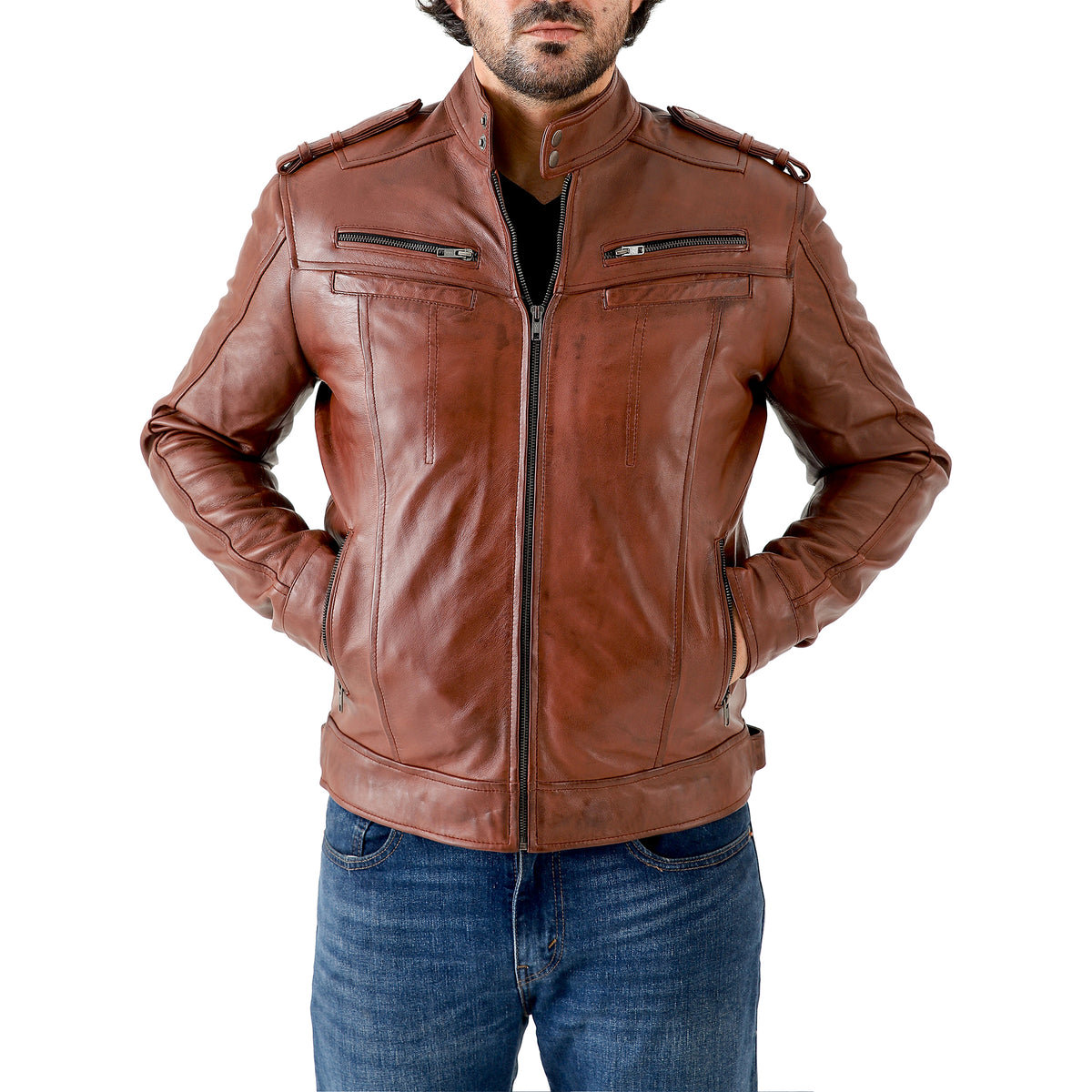 Men’s Leather Biker Jacket – Vintage Shoulder Epaulette