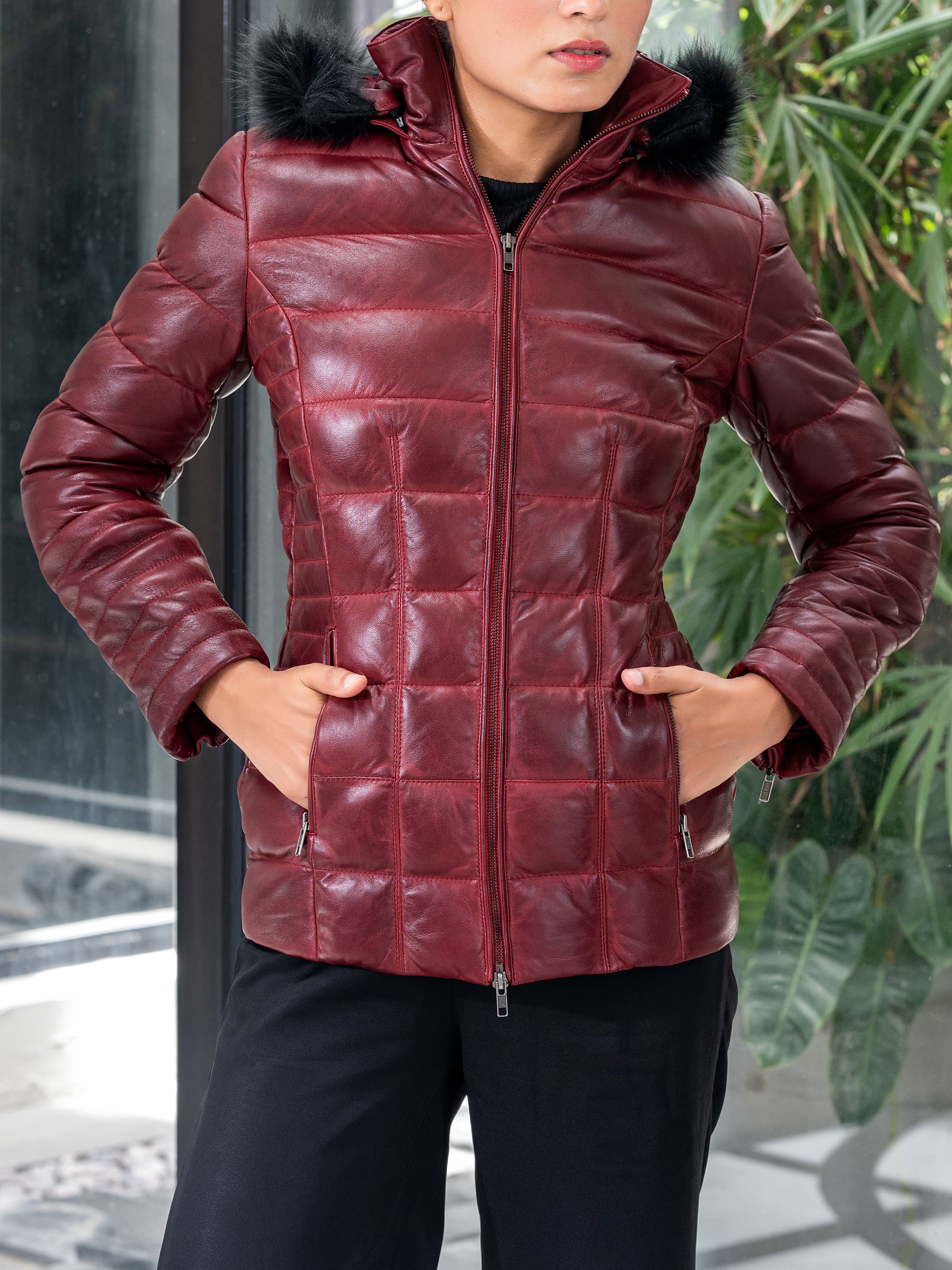 Women's Leather Puffer Jacket