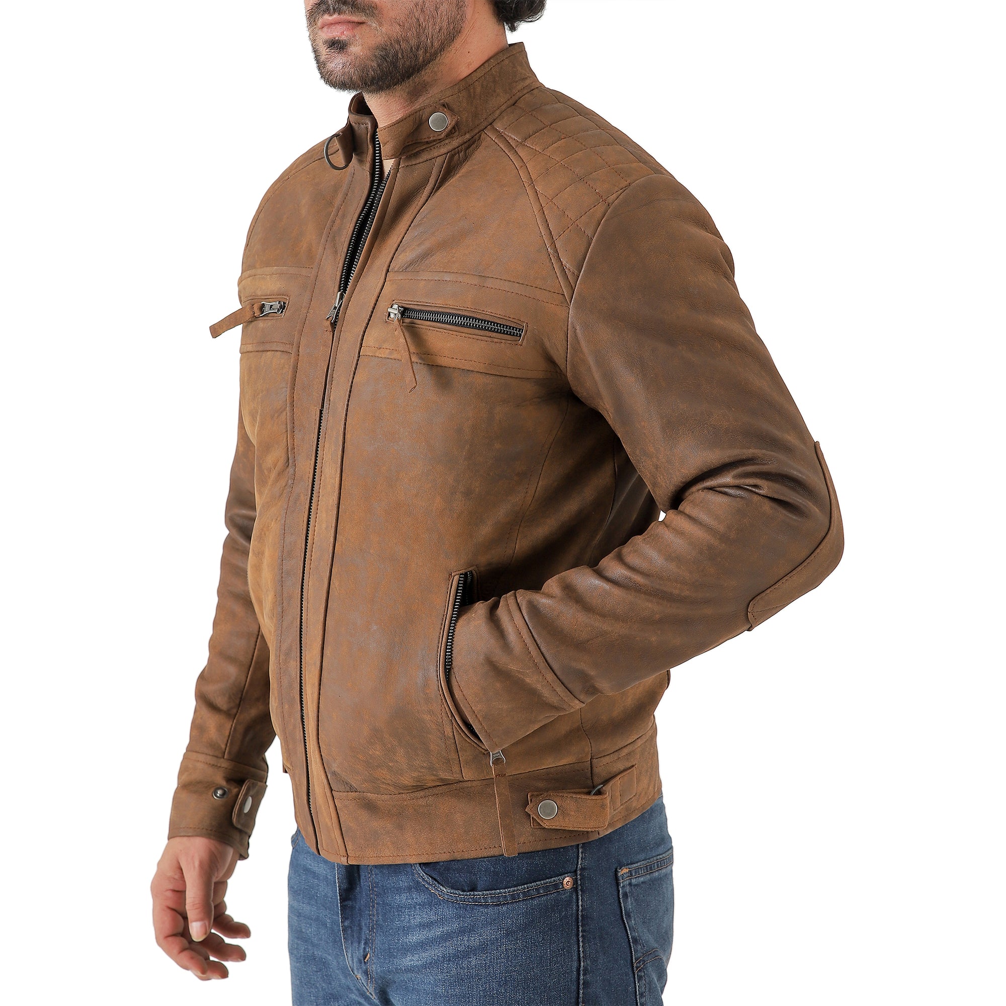 Men’s Vintage Brown Diamond Lambskin Waxed Leather Biker Jacket