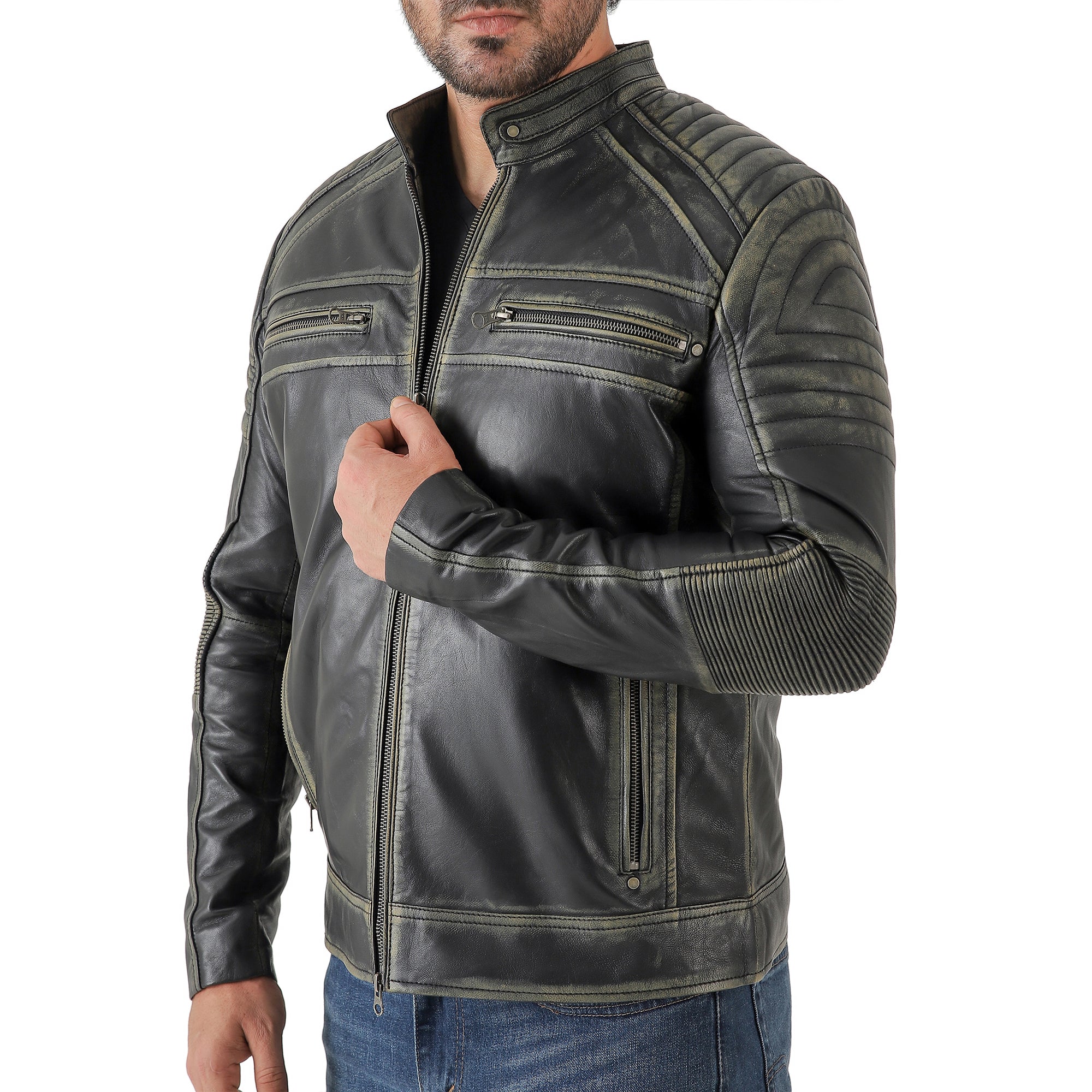 Jild Men's Cafe Racer Biker Leather Jacket