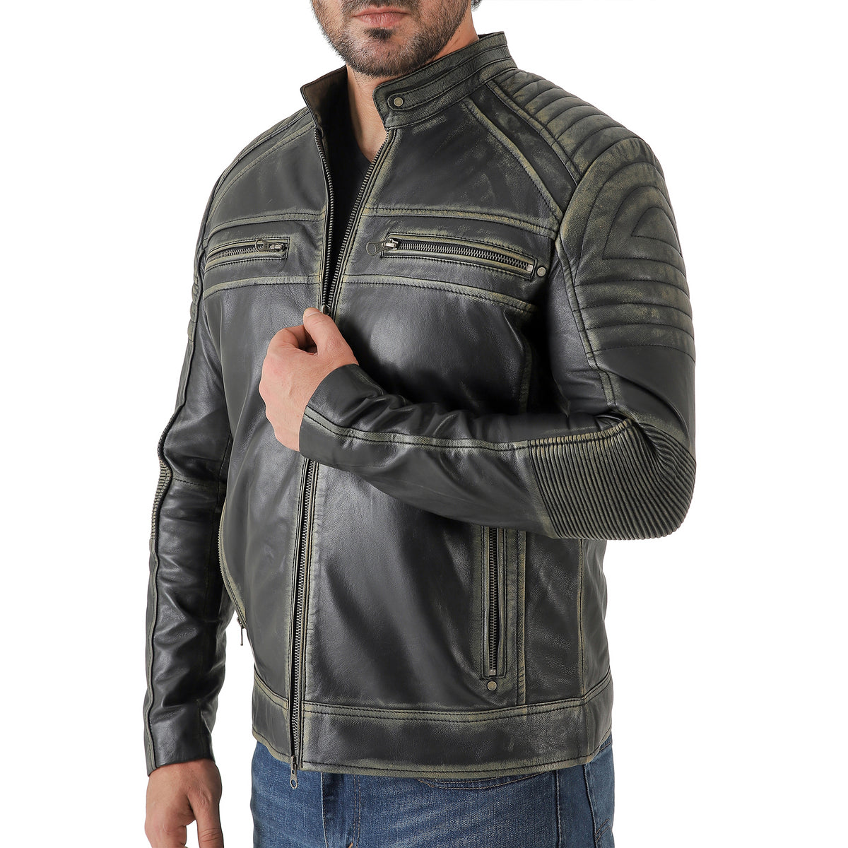 Jild Men's Cafe Racer Biker Leather Jacket