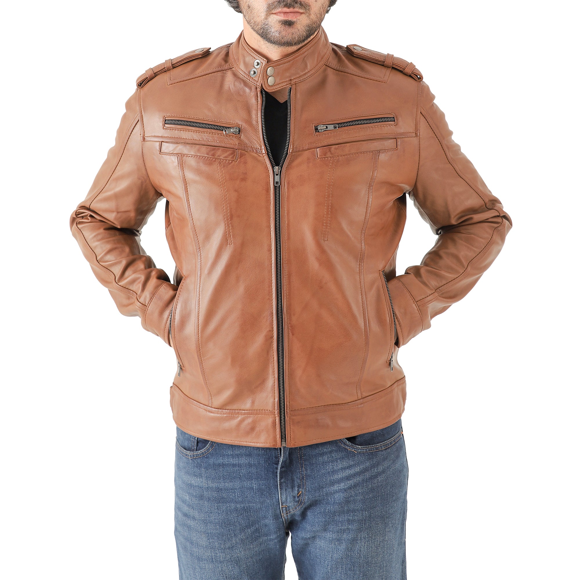 Men’s Leather Biker Jacket – Vintage Shoulder Epaulettes