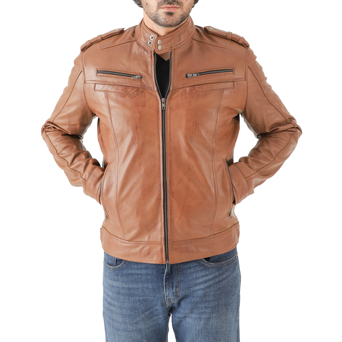 Men’s Leather Biker Jacket – Vintage Shoulder Epaulette