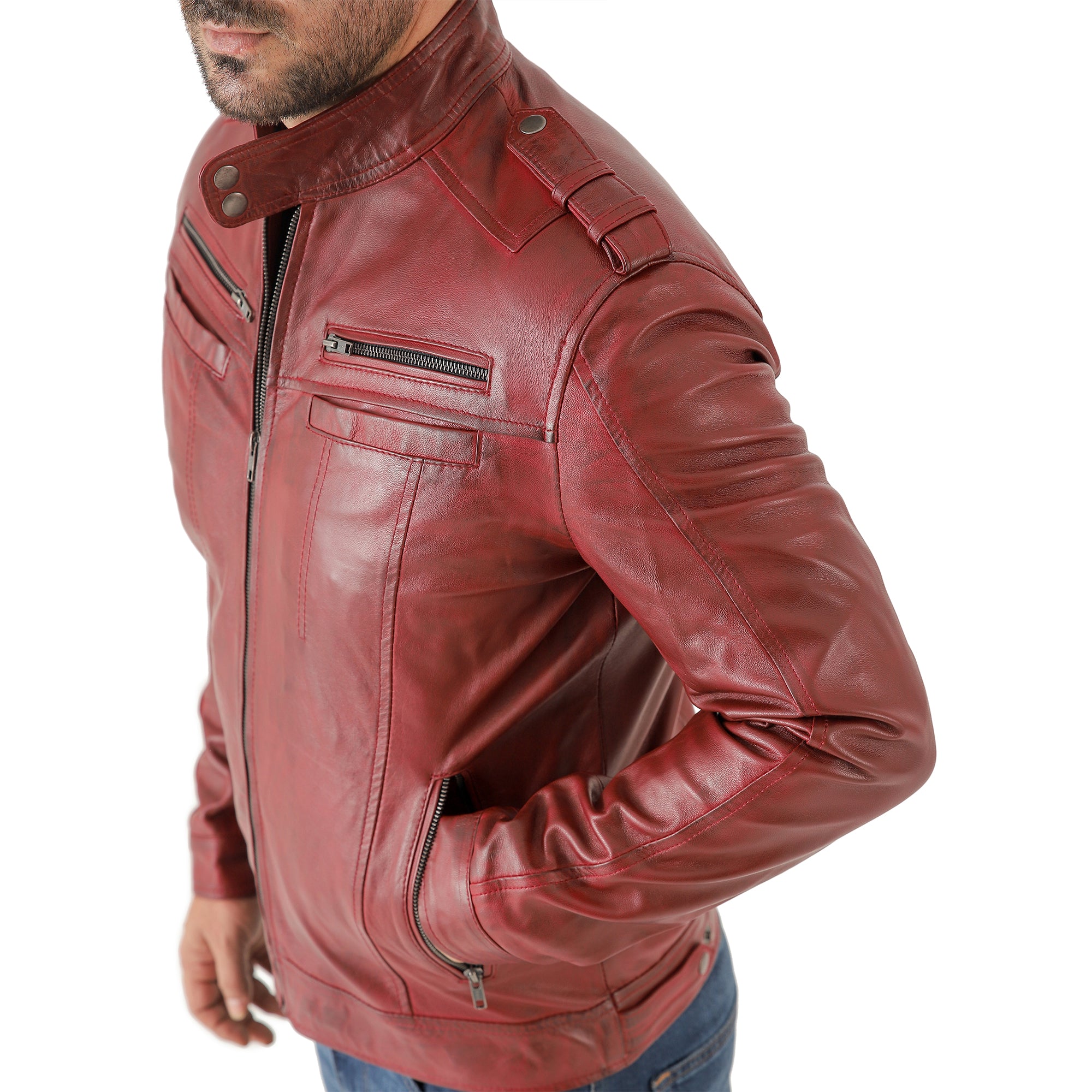 Men’s Leather Biker Jacket – Vintage Shoulder Epaulettes