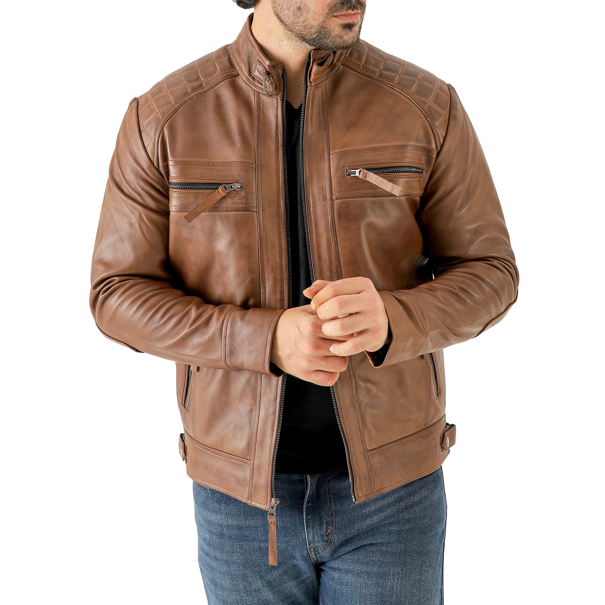 Men’s Vintage Brown Diamond Lambskin Waxed Leather Biker Jacket