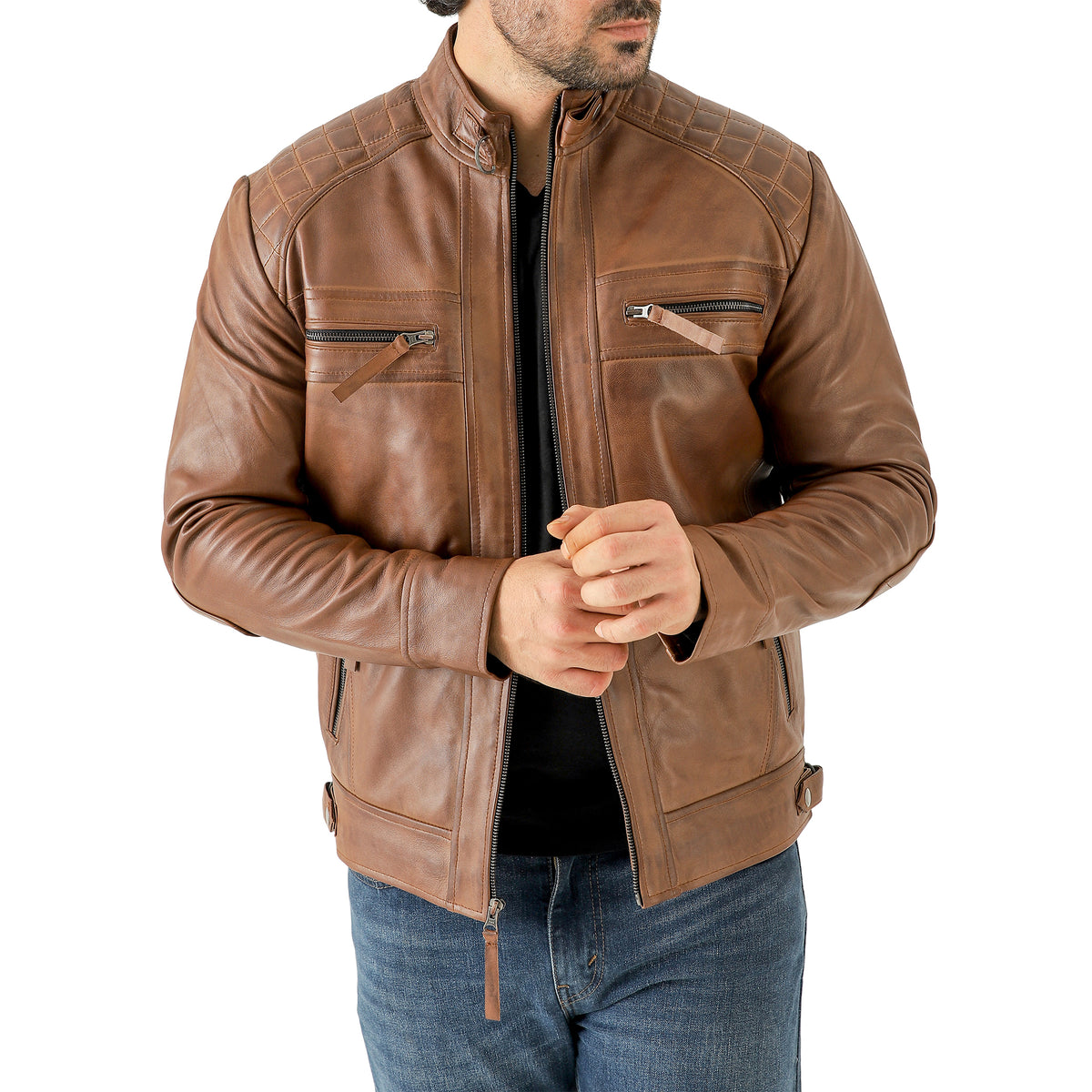 Men’s Vintage Brown Diamond Lambskin Waxed Leather Biker Jacket
