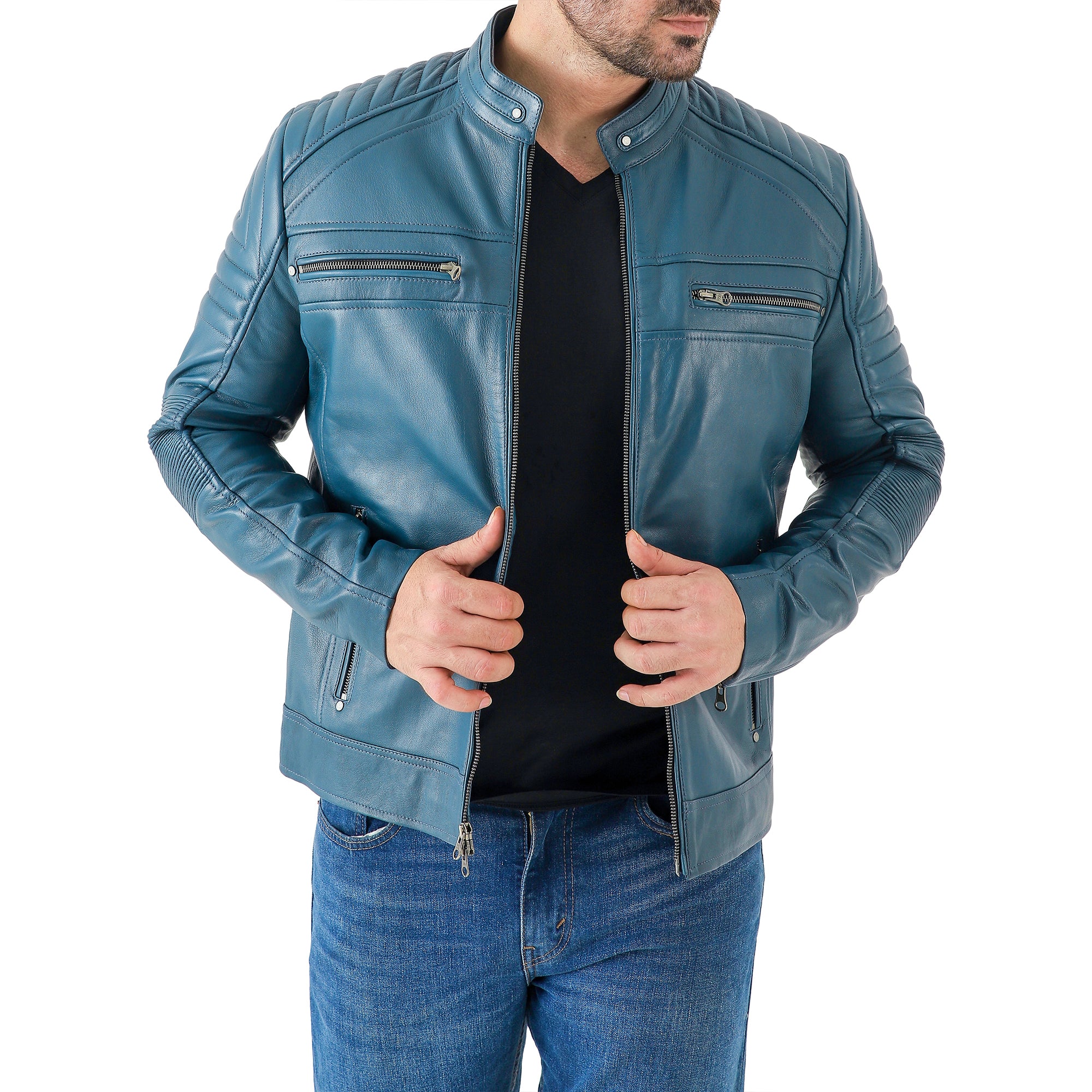 Jild Men's Cafe Racer Biker Leather Jacket