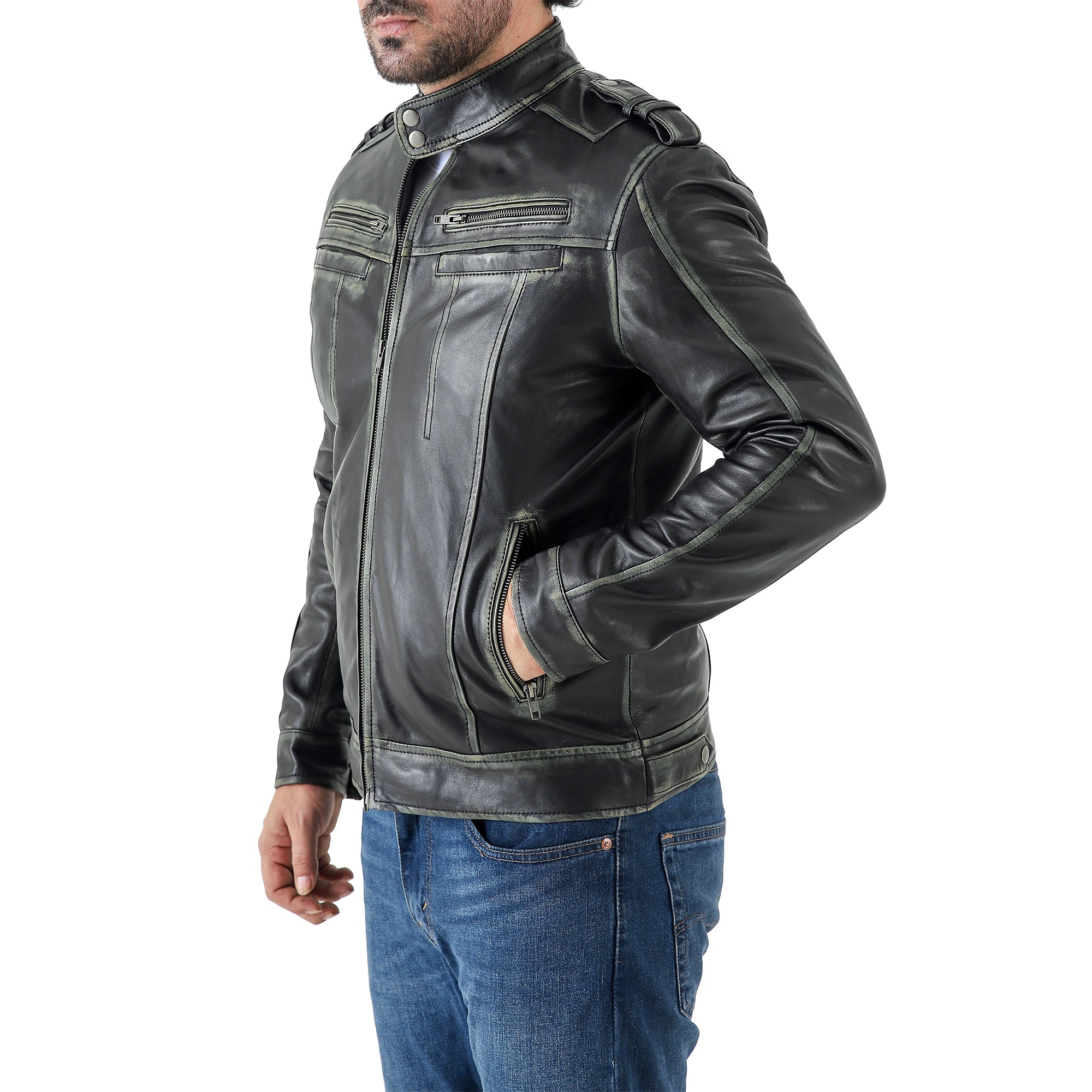 Men’s Leather Biker Jacket – Vintage Shoulder Epaulettes