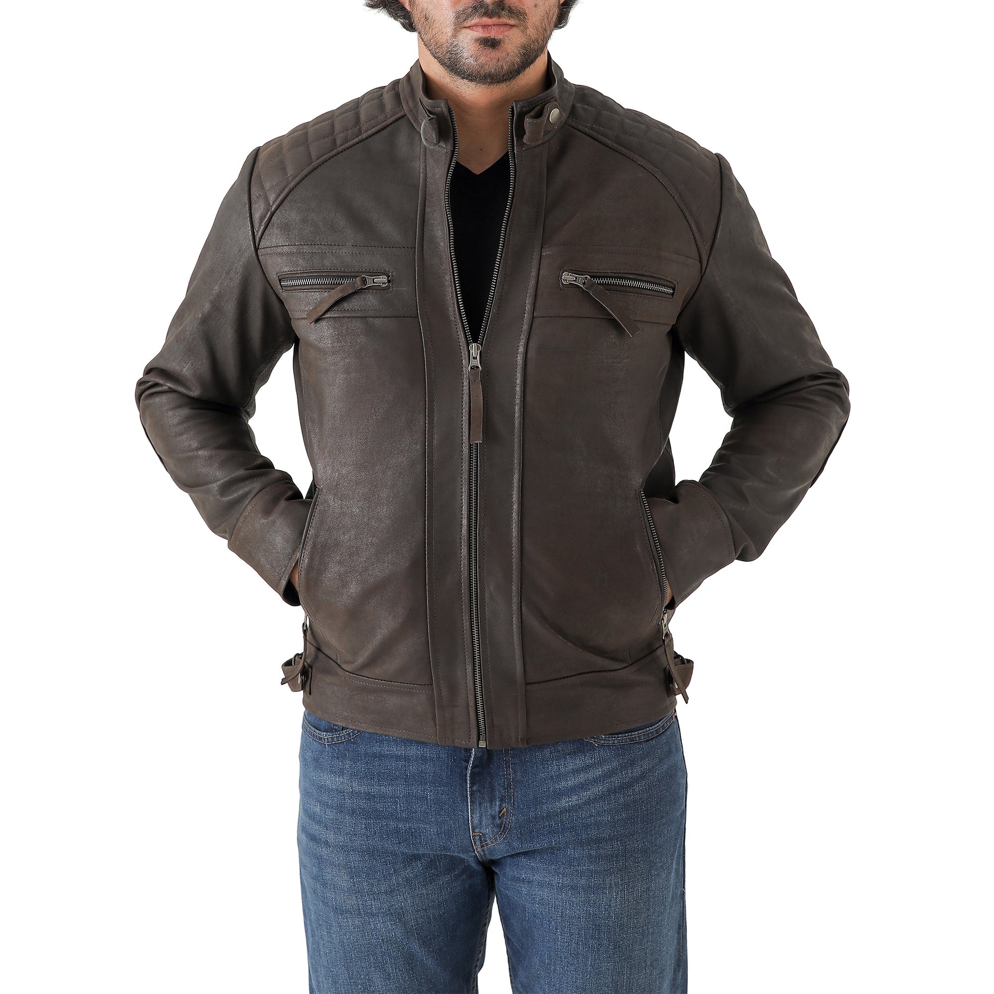 Men’s Vintage Brown Diamond Lambskin Waxed Leather Biker Jacket