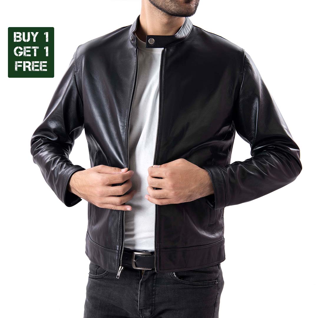 Buy 1 Get 1 Free - Black Mens Pure Sheep Leather Zipper Jacket - Azaadi sale