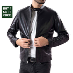 Buy 1 Get 1 Free - Black Mens Pure Sheep Leather Zipper Jacket - Azaadi sale