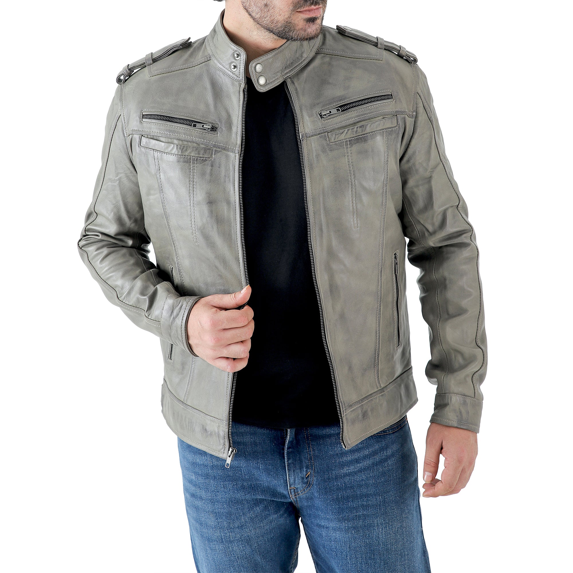 Men’s Leather Biker Jacket – Vintage Shoulder Epaulettes
