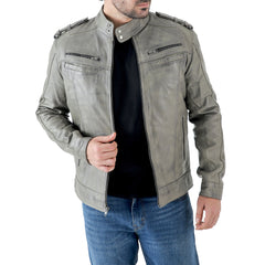 Men’s Leather Biker Jacket – Vintage Shoulder Epaulettes